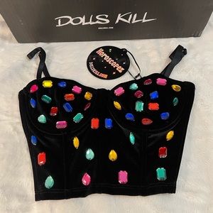 NWT Black Velvet Corset Top with Colorful Gems